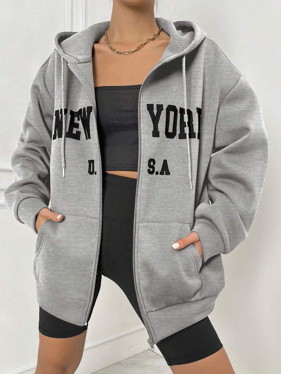 SHEIN Unity Áo nỉ có mũ trùm đầu in chữ kiểu Mỹ, dáng rộng, vai trễ, có khóa kéo, dây rút, thích hợp mặc khi đi làm hàng ngày vào mùa xuân và mùa thu - Màu xám đen - Xem 1