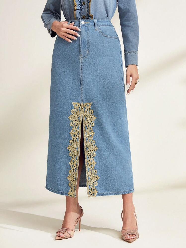 Graphic Print Split Hem Denim Skirt