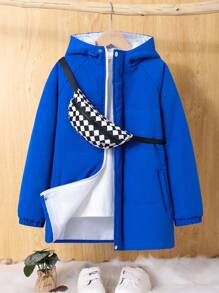 SHEIN Tween Boy Zip Up Snap Button Hooded Padded Coat & Bag Without Tee - Blue - View 1