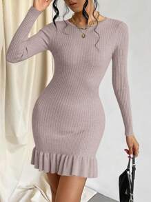 SHEIN Privé Ruffle Hem Bodycon Sweater Dress, Fall And Winter, Elegant,Purple, Longsleeve, Crewneckl - Khaki - View 5