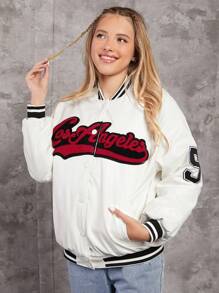 青少年女孩字母貼片條紋飾邊落肩校隊夾克 - 黑與白 - 查看 4