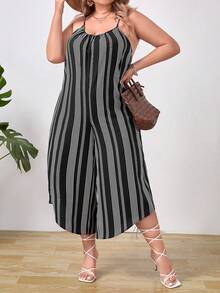 SHEIN VCAY Plus Striped Print Asymmetrical Hem Cami Jumpsuit - Black and White - View 3