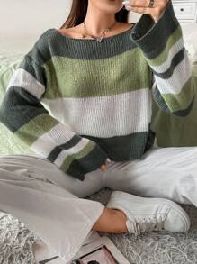 Flirla Plus Color Block Drop Shoulder Sweater - Green - View 1