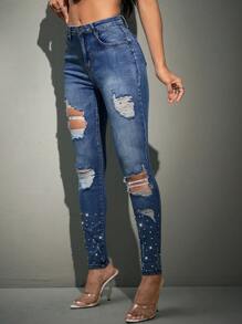 SHEIN BAE Quần Jeans Rách Họa Tiết Kim Cương Giả - Màu xanh lam - Xem 3