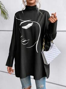 EMERY ROSE Figure Graphic Batwing Sleeve Mock Neck Blouse Fall Cloth For Women - Black - View 5