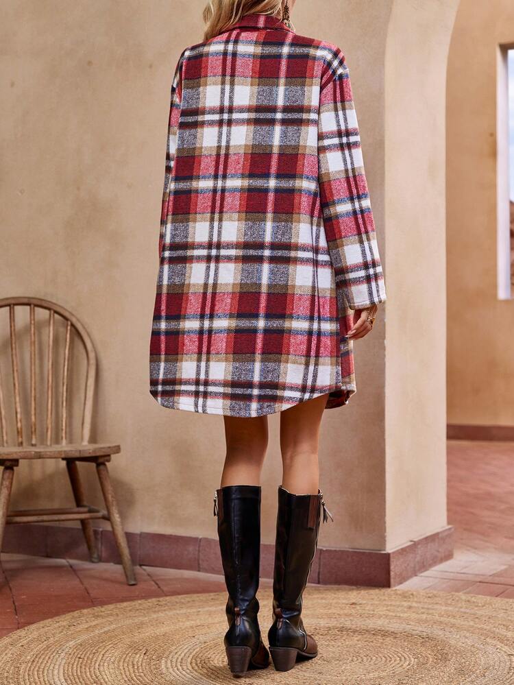 Plaid Print Flap Pocket Drop Shoulder Overcoat Fall Cloth For Women