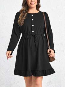 SHEIN LUNE Plus Size Solid Drawstring Waist Ruffle Hem Dress - Black - View 4