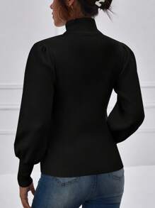 Cloudara Turtleneck Lantern Sleeve Ribbed Knit Sweater - Black - View 2