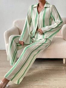 SHEIN Unity Striped Print Flare Sleeve Shirt & Wide Leg Pants Fall Cloth For Women - Apricot - View 5