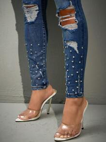 SHEIN BAE Quần Jeans Rách Họa Tiết Kim Cương Giả - Màu xanh lam - Xem 7