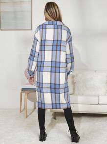 Teen Girl Plaid Flap Pocket Drop Shoulder Overcoat