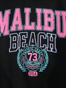 SHEIN Tween Girls' Loose Fit Knitted Round Neck Letter Printed Casual Sweatshirt - Black - View 4