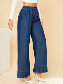 SHEIN Privé 腰部抽繩闊腿牛仔褲 - 深色水洗藍 - 查看 1