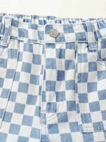 Tween Girl Checker Print Flap Pocket Side Jeans - Rửa nhẹ - Xem 8