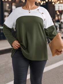 SHEIN LUNE Plus Two Tone Button Detail Raglan Sleeve Tee Graphic Tees Women Tops Fall Cloth For Women - Multicolor - View 3