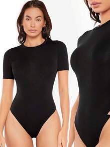 SHEIN BASICS Solid Form Fitted Bodysuit Simple Fashion Daily Casual - Black - View 6