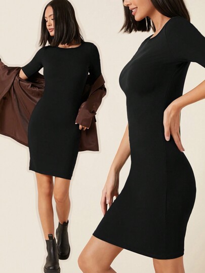 SHEIN BASICS Solid Rib-knit Bodycon Dress