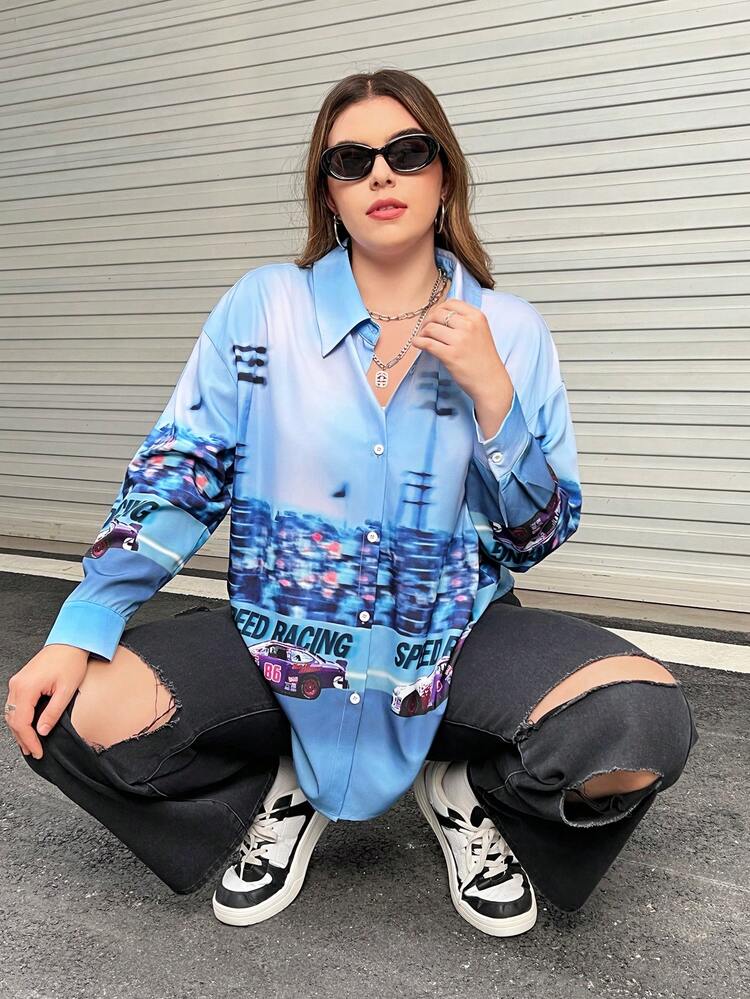 Plus Car & Letter Graphic Drop Shoulder Shirt