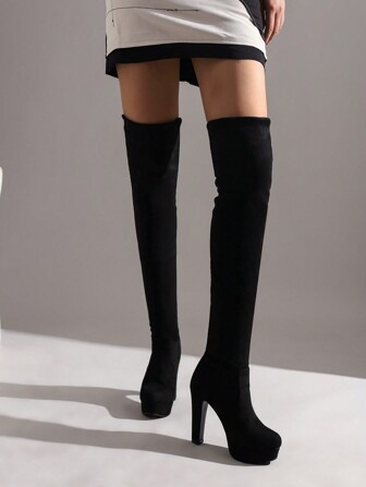 Europeiska och amerikanska nya höst-/vinterstövlar i elastisk fleece med lårhöga överkneestövlar för kvinnor, smal passform, sexiga, vattentäta platåstövlar med stilettklack