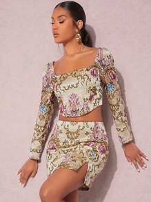 SHEIN BAE Floral Print Split Hem Skirt - Multicolor - View 5