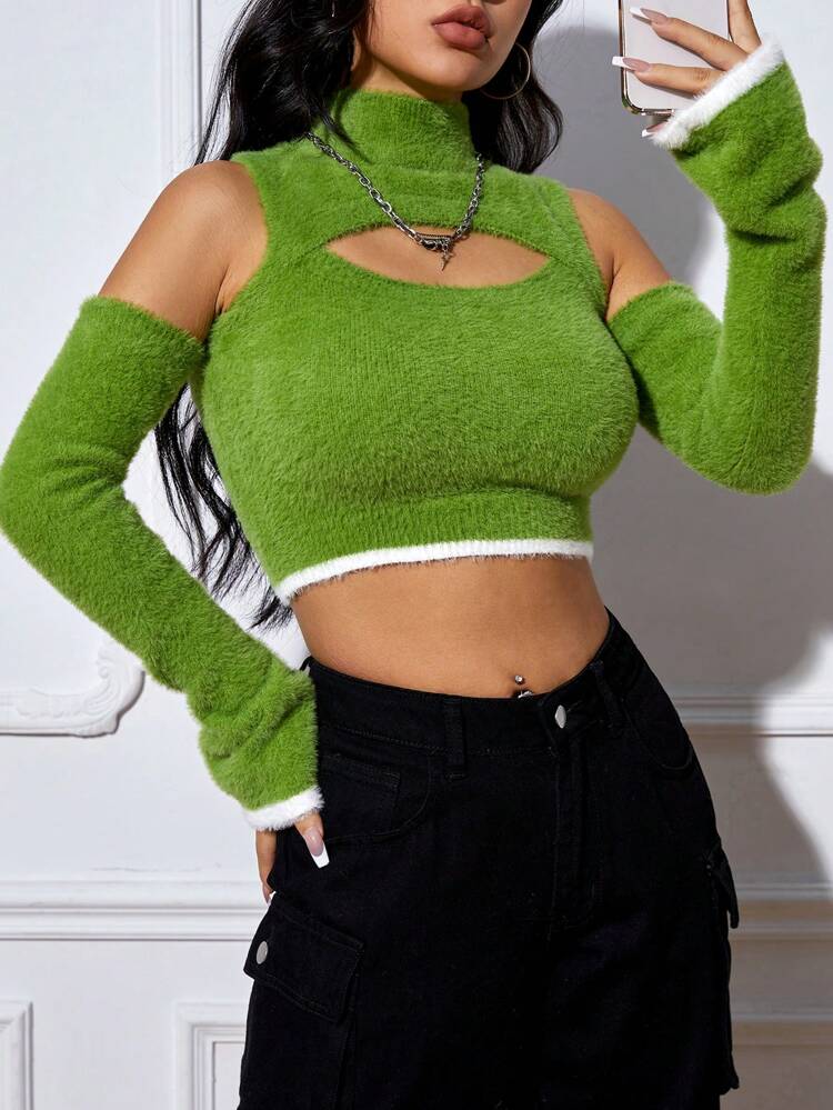 Cut Out Front Cold Shoulder Contrast Trim Crop Sweater