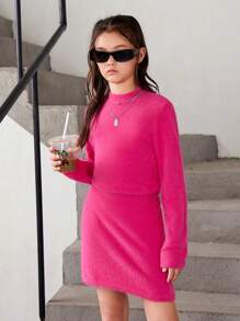 SHEIN 女大童小高領毛茸茸短款毛衣&針織短裙 - 玫紅色 - 查看 5