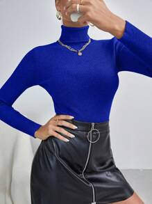 INAWLY Solid Turtleneck Ribbed Knit Sweater,Long Sleeve Tops