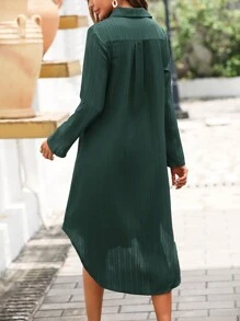 SHEIN LUNE 捲邊袖弧形下擺襯衫洋裝 - 墨綠色 - 查看 2