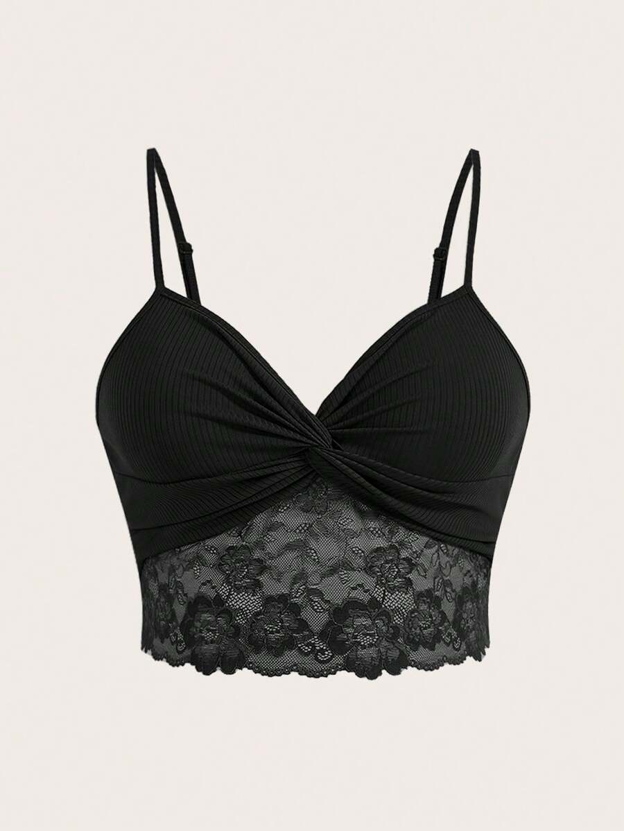 SHEIN ICON Plus Twist Front Contrast Lace Cami Top For Summer - Black - View 1