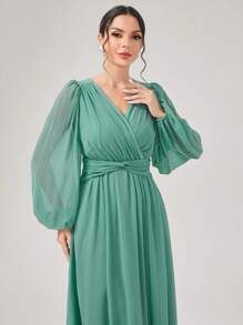 Modelyn Surplice Neck Lantern Sleeve Dress - Mint Green - View 4