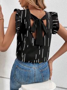 SHEIN Frenchy 條紋圖案後綁帶荷葉邊後綁帶襯衫 - 黑色 - 查看 1