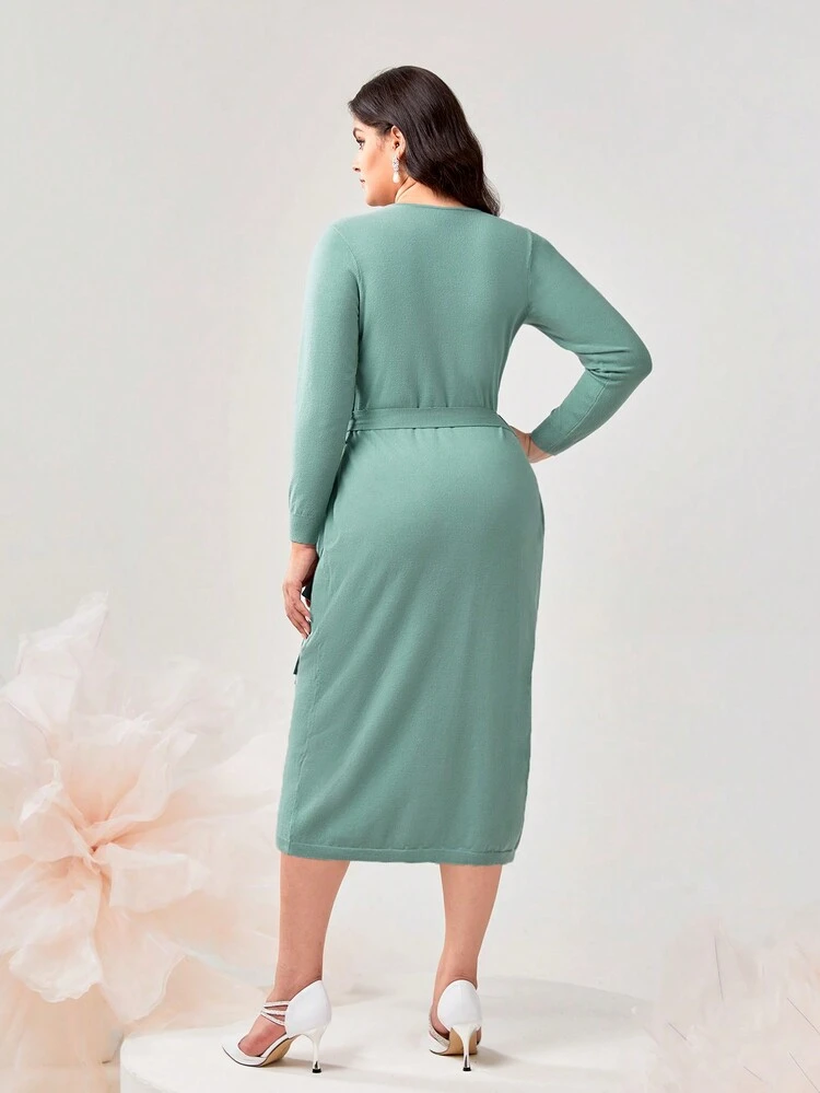 Plus Wrap Knot Side Ribbed Knit Sweater Dress