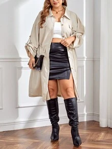 SHEIN Essnce Plus Roll Tab Sleeve Drawstring Waist Flap Pocket Coat - Khaki - View 4