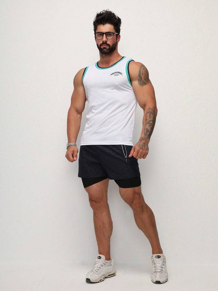 Boyfriend Style Men Letter Graphic Striped Trim Sports Tank Top Tank Top Pack