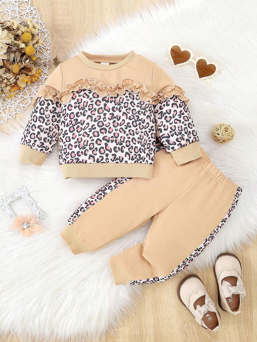 女嬰豹紋印花褶邊運動衫和拼接側邊接縫衛褲 - 卡其色 - 查看 1
