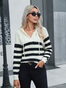 SHEIN LUNE 條紋圖案插肩袖抽繩連帽套頭毛衣 - 彩色 - 查看 1