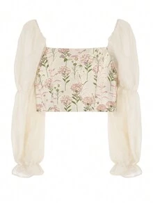 歐根紗拼接長袖襯衫(不可拆卸蝴蝶結,隨機印花) - 杏色 - 查看 2