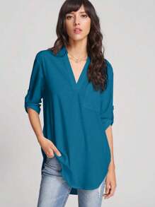 SHEIN LUNE 捲起袖弧形下擺長款襯衫 - 藍色 - 查看 1