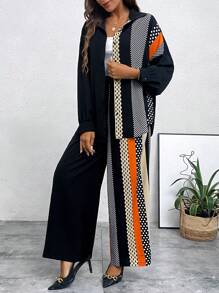 SHEIN LUNE Polka Dot Print Drop Shoulder Shirt & Wide Leg Pants - Multicolor - View 1