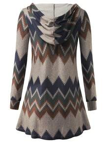 Chevron Print Zipper Front Hooded Coat - Khaki - View 2