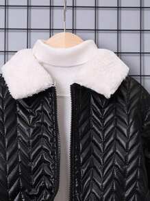 SHEIN Tween Boy 1pc Borg Collar Flap Pocket Padded Coat - Black - View 4
