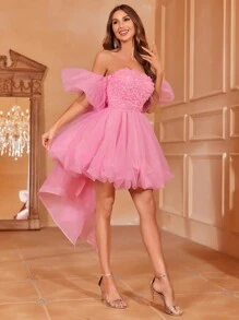 Faeriesty Elegant Stylish Bubble Sleeve Graduation Dress With Large Back Bowknot & Floral Applique | Luxury Party Dress For Weddings, Birthday Outfits, And Red Carpet Events, Prom Dress - Pink - View 2