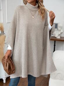 SHEIN LUNE 高領蝙蝠袖斗篷毛衣 - 卡其色 - 查看 4