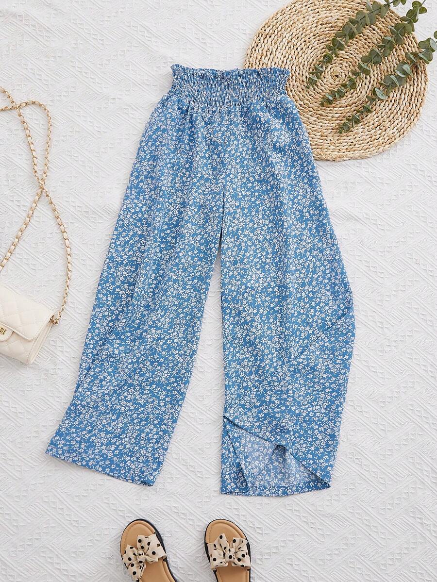 SHEIN Cô gái Tween In hoa Ditsy Quần ống rộng - Màu xanh lam - Xem 1