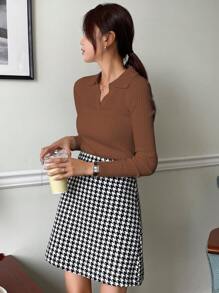 DAZY 商务休闲纯色罗纹针织毛衣，秋装 - 駝色 - 查看 4