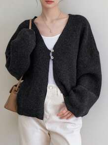 DAZY Button Front Drop Shoulder Cardigan - Dark Grey - View 7