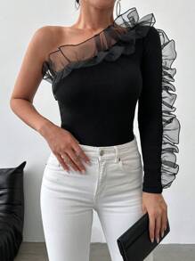 RueChic Women Ruffle Trim Tee - Black - View 1