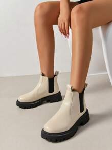 2025秋冬女士时尚坡跟厚底切尔西靴 - 米色 - 查看 6