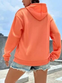 INAWLY Kangaroo Pocket Drop Shoulder Drawstring Hoodie,Long Sleeve Tops - Orange - View 2