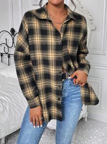Chiquease Plaid Print Drop Shoulder Curved Hem Coat Fall Cloth For Women - Coffee Brown - View 3